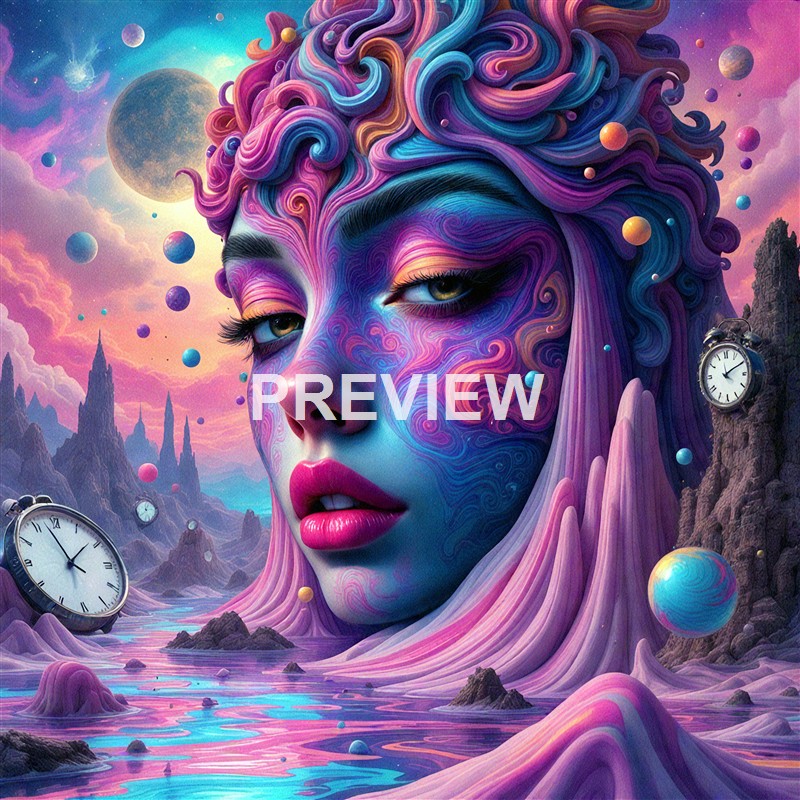 A surreal digital artwork depicting a woman's face with swirling, colorful patterns integrated into her hair and facial features, set against a fantastical landscape with mountains, floating spheres, and clocks.